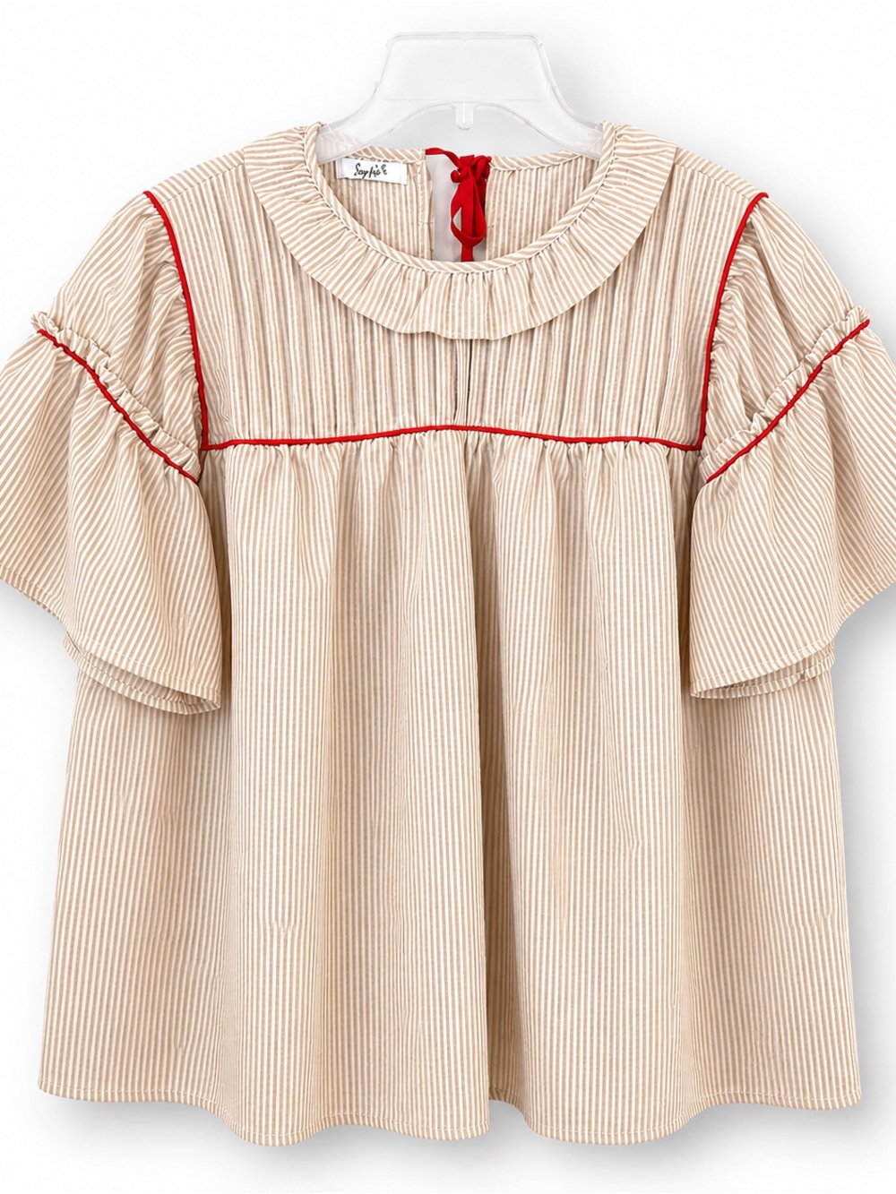 Seersucker Ruffle-Yoke Blouse with Red Piping and Tie Back